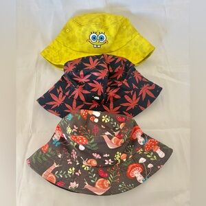 Lot 3 Assorted Adult Unisex Bucket Hats, Sponge Bob, Mushrooms & Snails and MJ